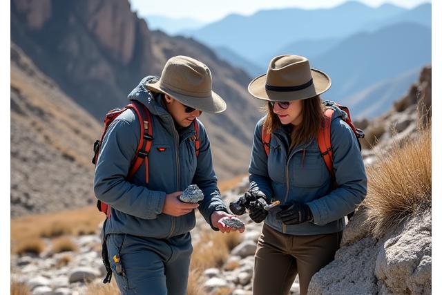 Géologues sur le terrain avec des outils et des roches